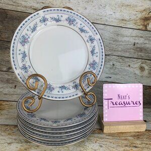 Seizan China BLUE DAWN Blue Purple Flowers Platinum Trim Salad Plates Set of 7